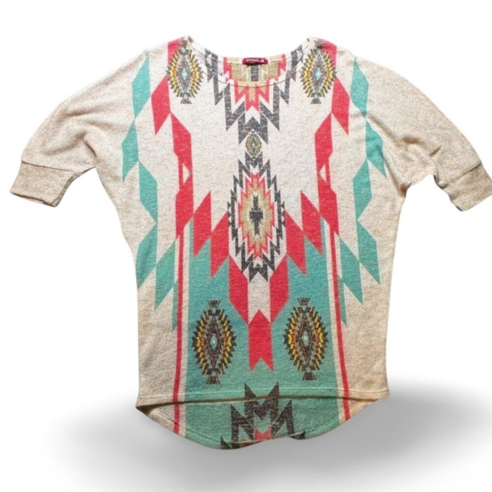 Silvergate Southwest Aztec Print Tunic Top Size M Beige Coral Turquoise Boho